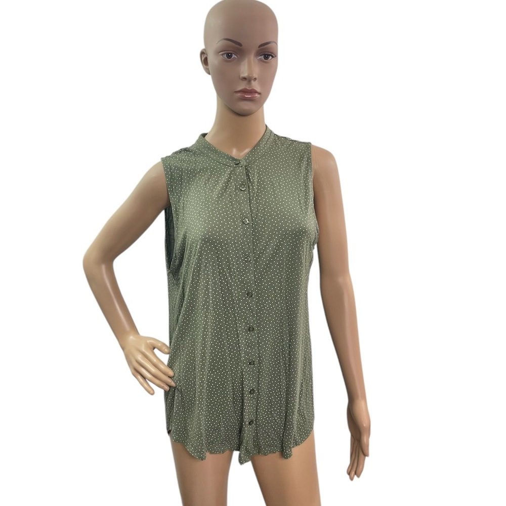 Loft Women’s Size Large Sleeveless Round Button Neck Green White Polka Dot Top